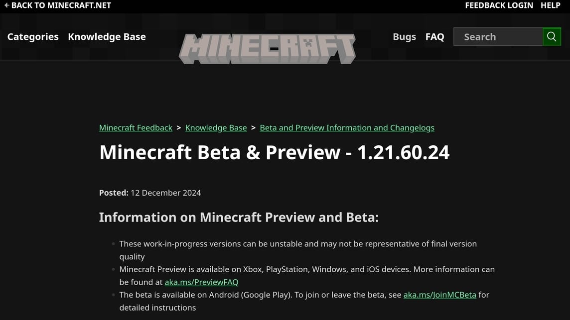 Versi terbaru Minecraft 1.21.60.24 yang sudah rilis demonya pada 12 Desember 2024 lalu